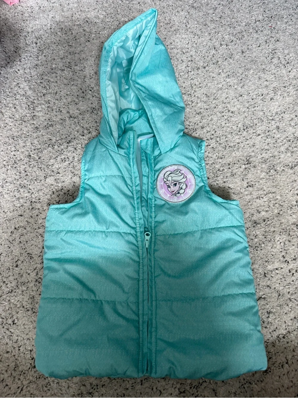 Disney Kids Teal Hooded Puffer Vest with Character Patch frozen Elsa Euc 4t